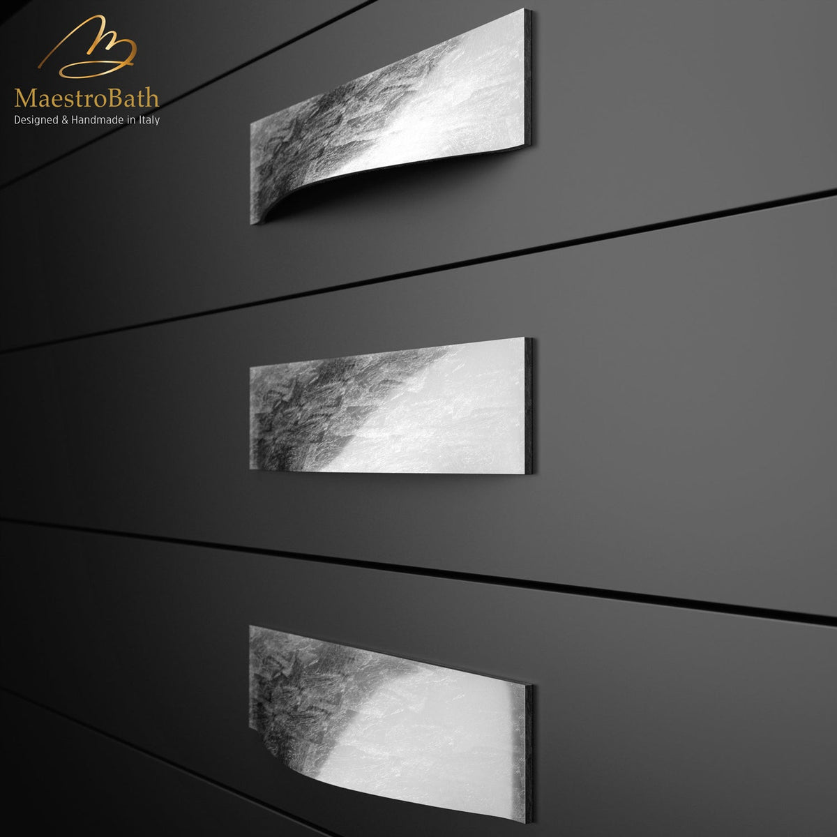 The luxury leaf pull handle, shown in silver leaf, 5.9 inch by 1.6 inch