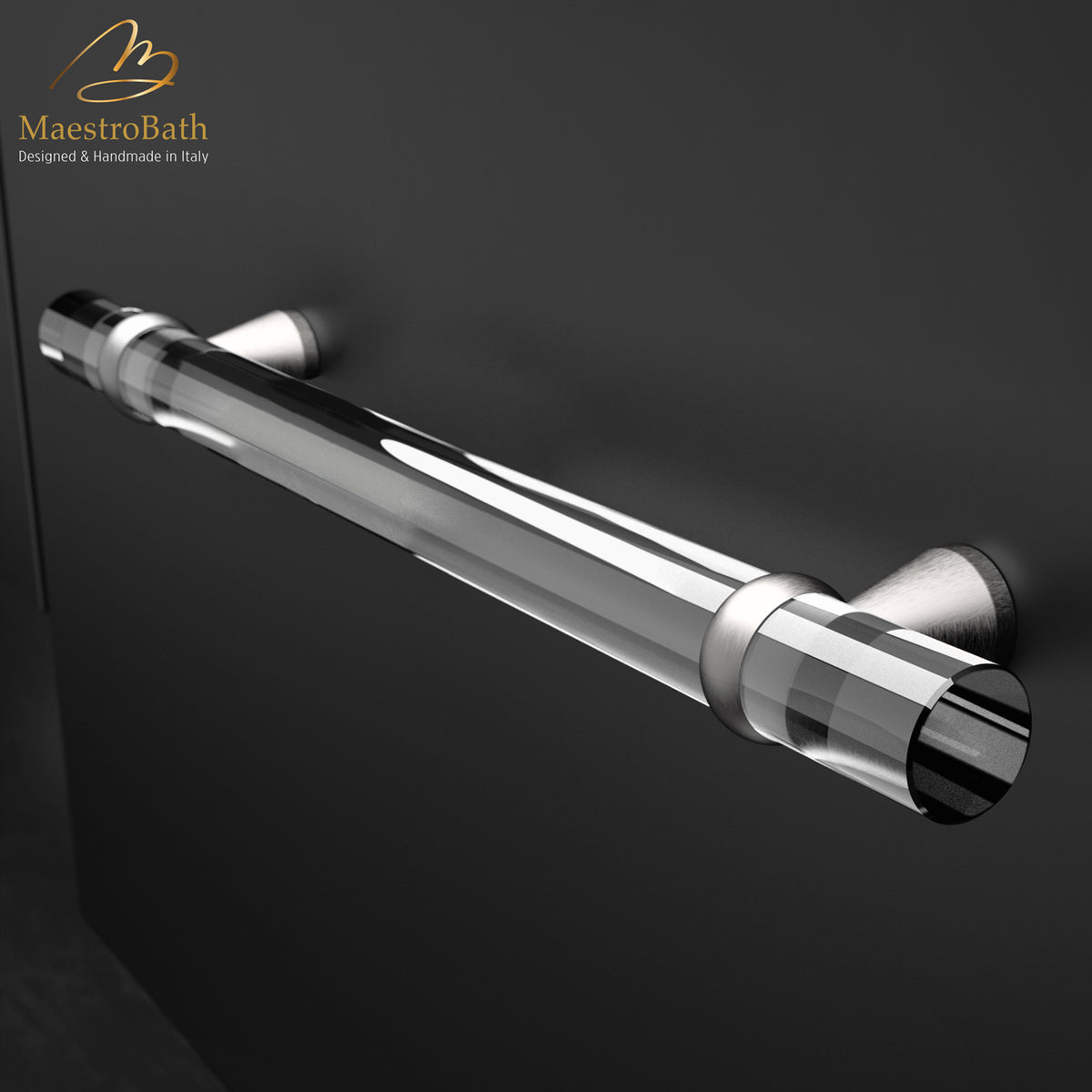 Crystal and brass pull handle, shown in clear and brushed nickel, 7.9 inch by 0.7 inch