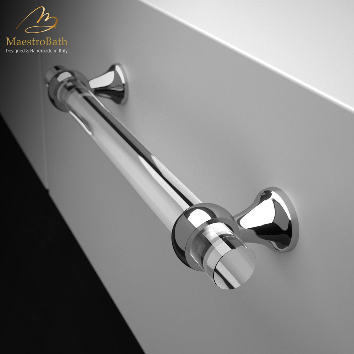 Crystal and brass pull handle, shown in clear and chrome, 7.8 inch by 0.7 inch