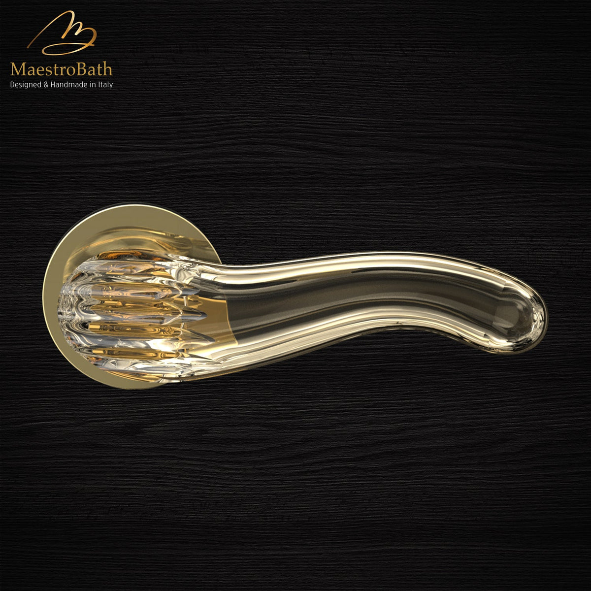 Brass and crystal door handle, shown in amber and polished brass, 5 inch by 2 inch by 2.1 inch