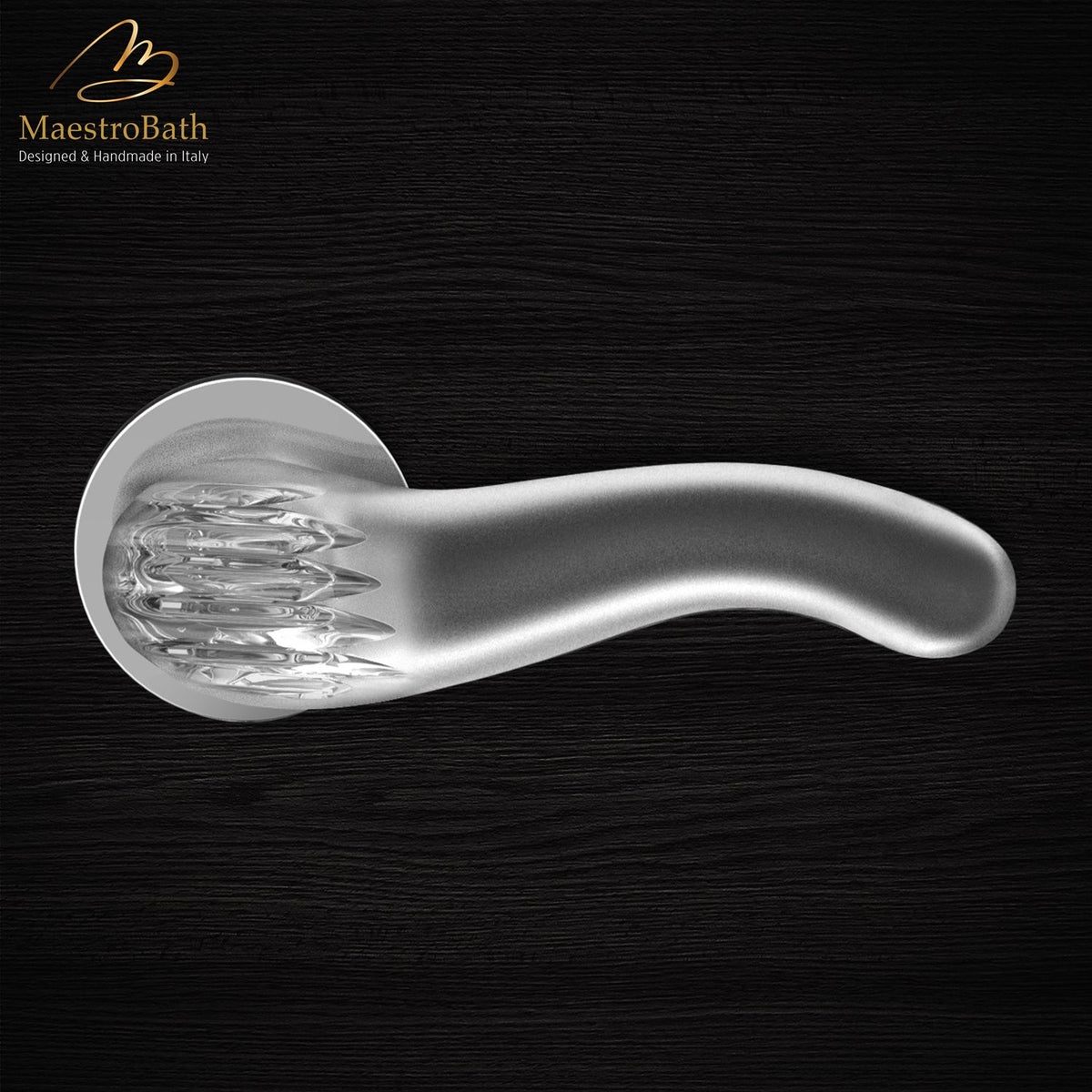 Brass and crystal door handle, shown in matte and chrome, 5 inch by 2 inch by 2.1 inch