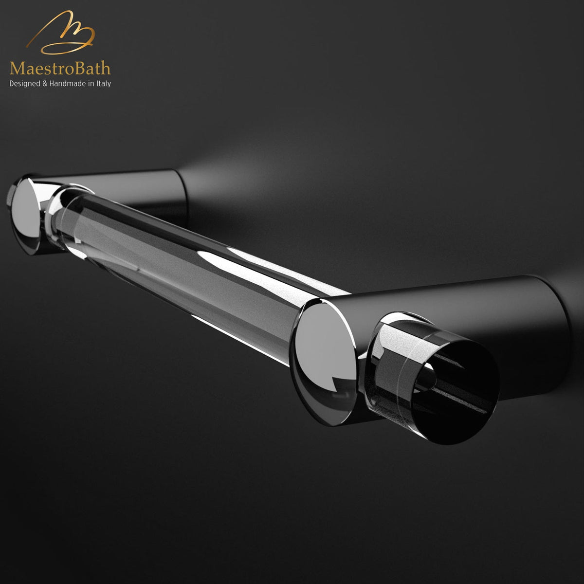 Crystal and brass pull handle, shown in clear and chrome, 23.6 inch by 0.9 inch