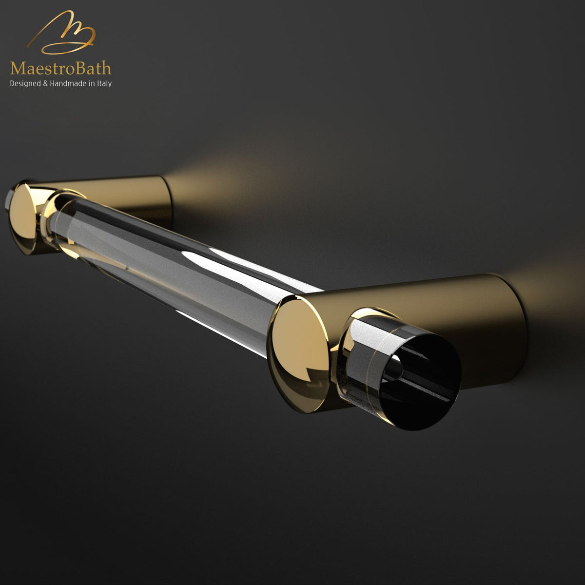 Crystal and brass pull handle, shown in clear and polished brass, 23.6 inch by 0.9 inch