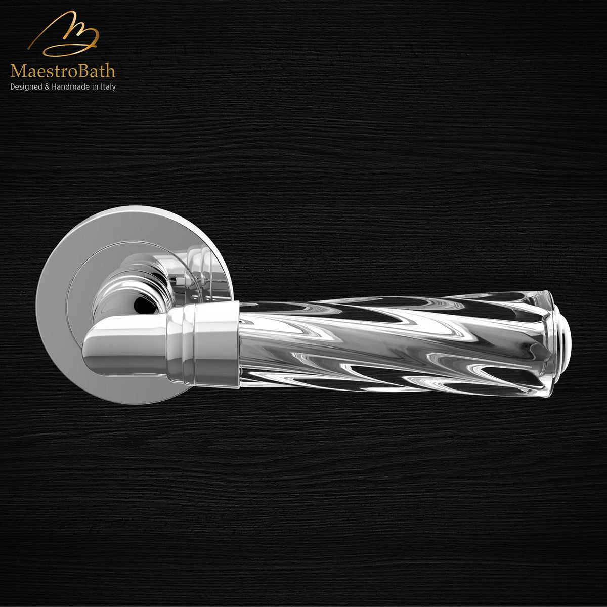 Brass and crystal door handle, shown in clear and chrome, 5.2 inch by 1.9 inch by 2.5 inch