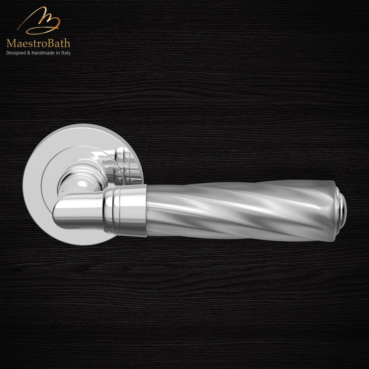 Brass and crystal door handle, shown in matte and chrome, 5.2 inch by 1.9 inch by 2.5 inch