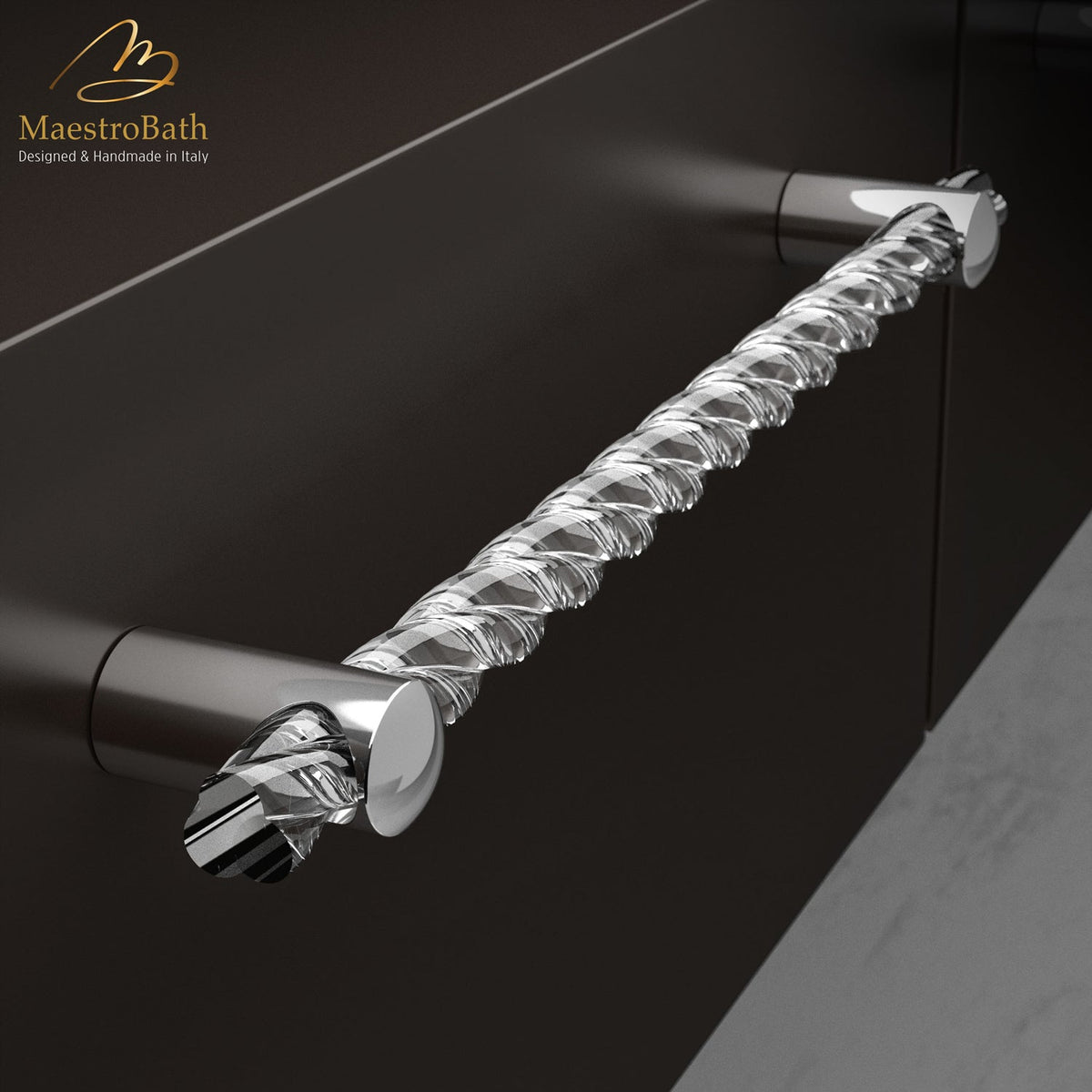 Twist Crystal Pull Handle, shown in clear and chrome, 23.6 inch by 0.9 inch