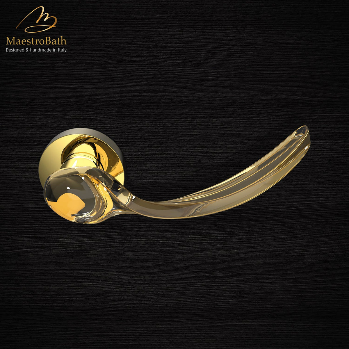 Brass and crystal door handle, shown in amber and polished brass, 5.9 inch by 2 inch by 2.3 inch