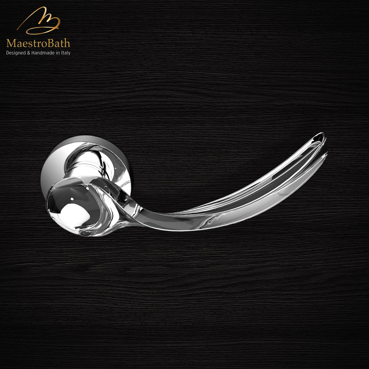 Brass and crystal door handle, shown in clear and chrome, 5.9 inch by 2 inch by 2.3 inch