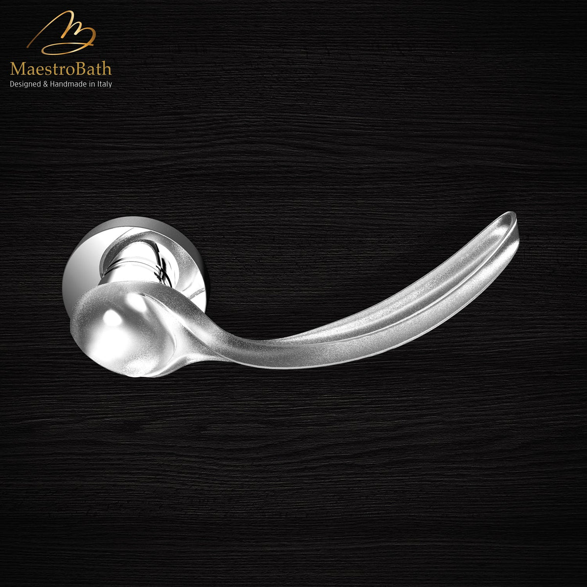 Brass and crystal door handle, shown in matte and chrome, 5.9 inch by 2 inch by 2.3 inch