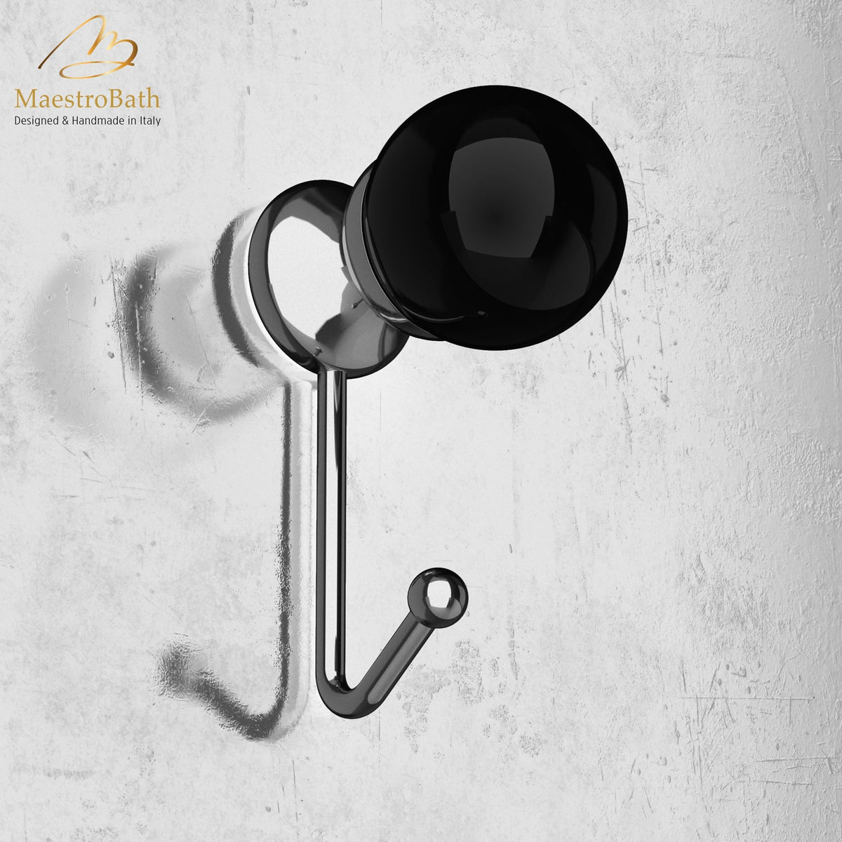 Wall mounted crystal and brass coat hook, shown in black and chrome, 4.1 inch by 1.5 inch