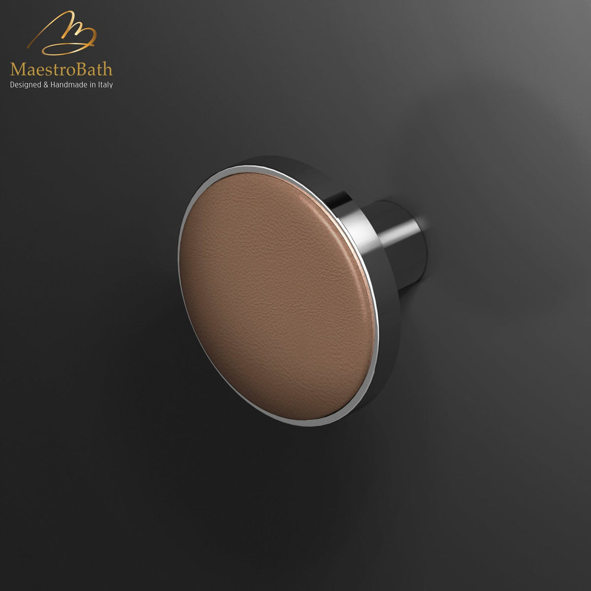 Wall mounted leather and brass coat hook, shown in camel and chrome, 2.6 inch by 2.6 inch by 2.1 inch