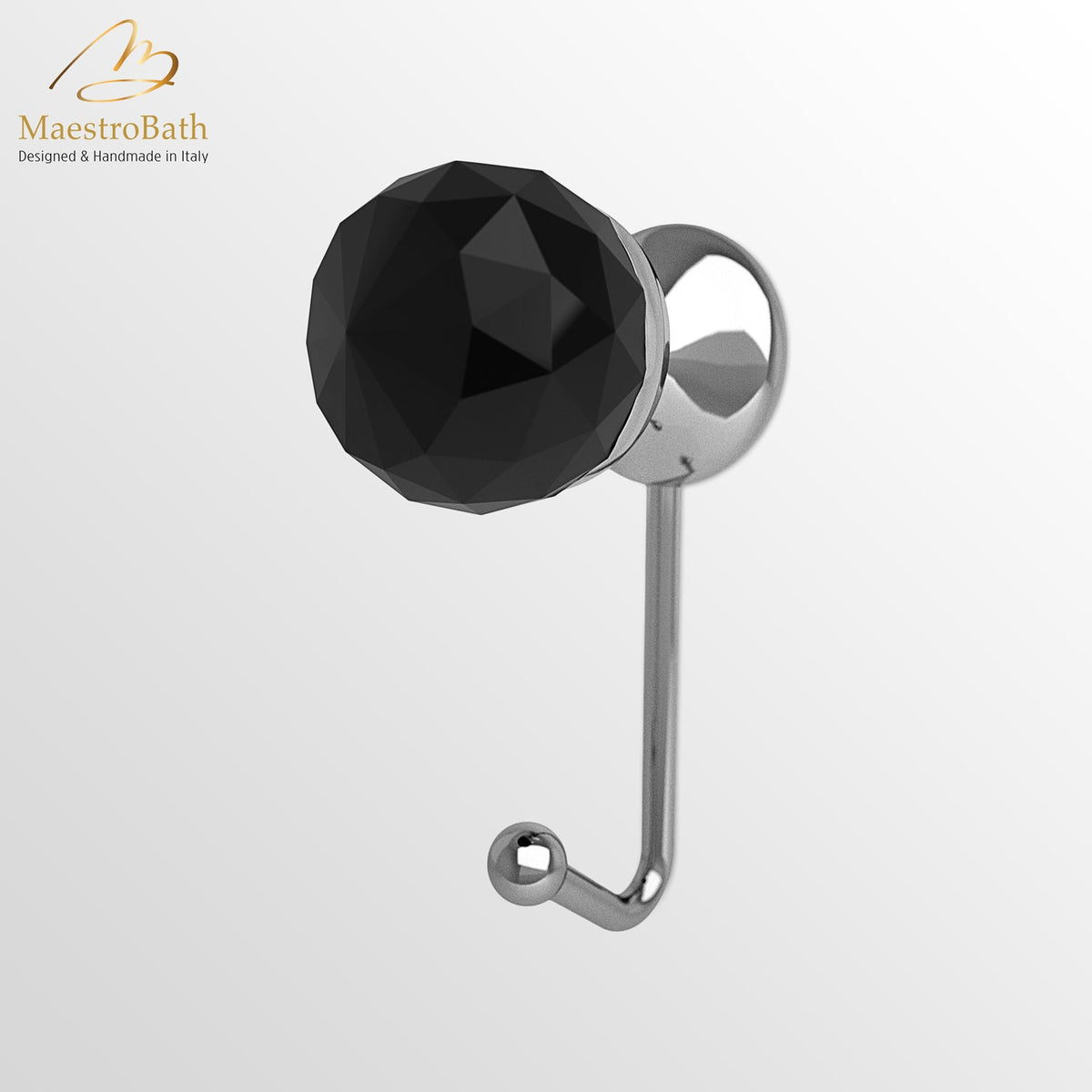 Poli Crystal Coat Hook, shown in black and chrome, 4.1 inch by 1.5 inch