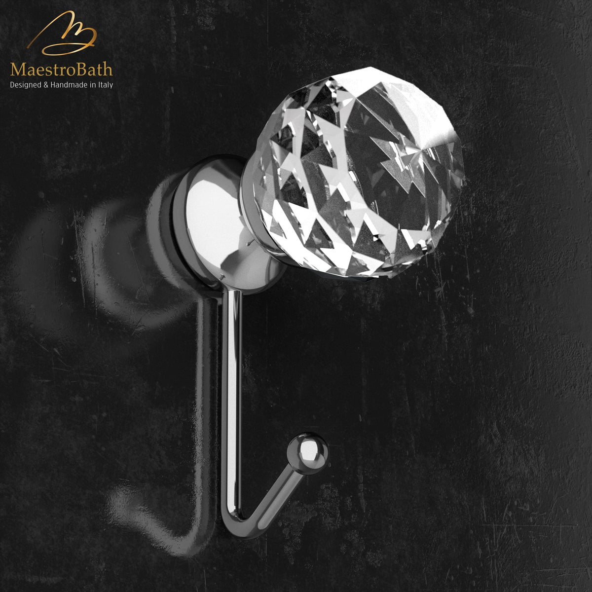 Wall mounted crystal and brass coat hook, shown in clear and chrome, 4.1 inch by 1.5 inch