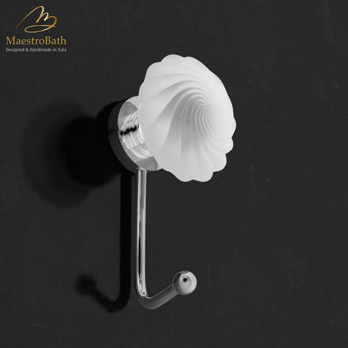 Wall mounted crystal and brass coat hook, shown in matte and chrome, 2.6 inch by 4.7 inch