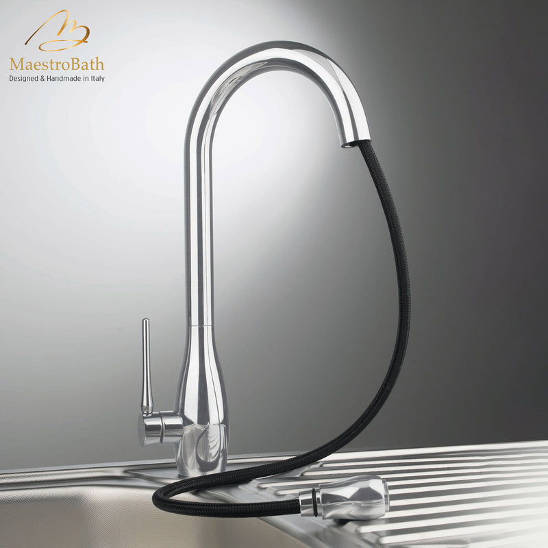 JAR DUAL Brushed Nickel Modern Kitchen Faucet | Pull Out Dual Shower