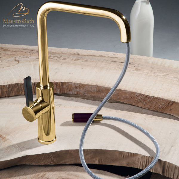 LUZ MONO Gold Modern Kitchen Faucet | Pull Out Mono Shower