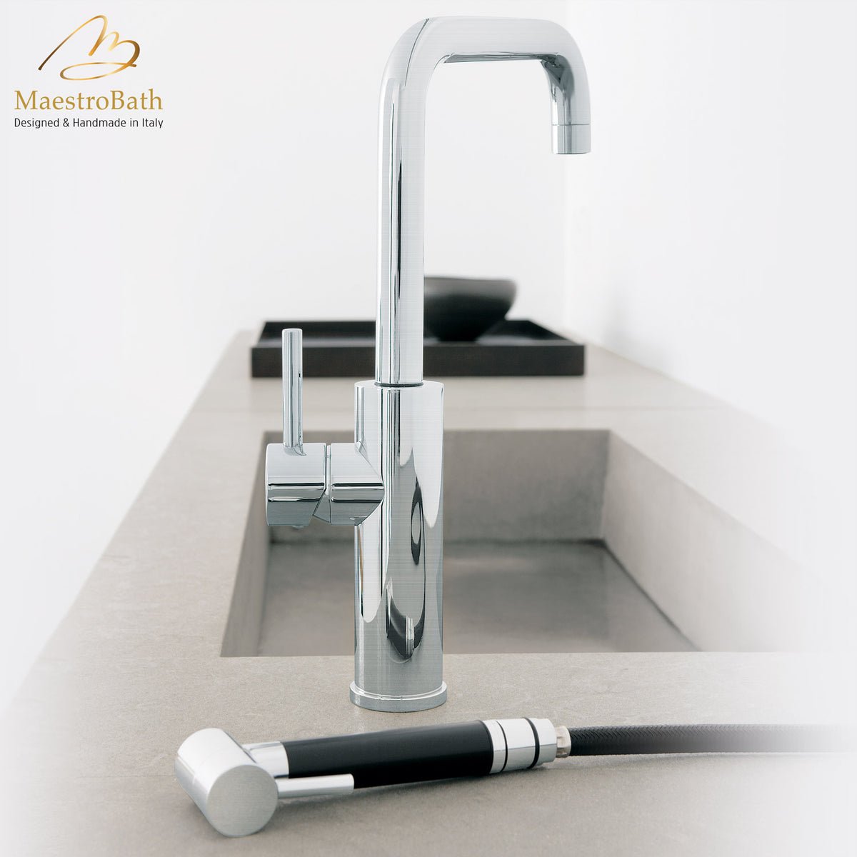 Deck mounted brass kitchen faucet, shown in brushed nickel, with pull out spray, 14 inch by 8 inch by 11.5 inch #color_brushed nickel