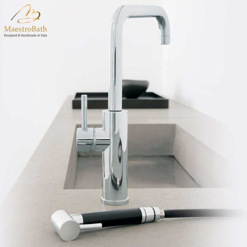 MITU SIDE MONO Brushed Nickel Modern Kitchen Faucet | Pull Out Side Sprayer