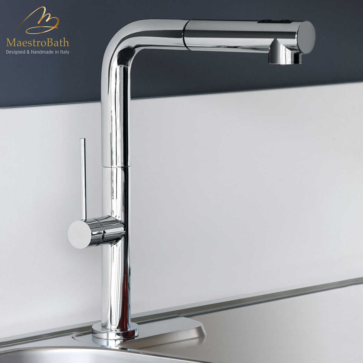 Slim 1 Dual Modern Kitchen Faucet, shown in polished chrome, with pull out spray #color_polished chrome