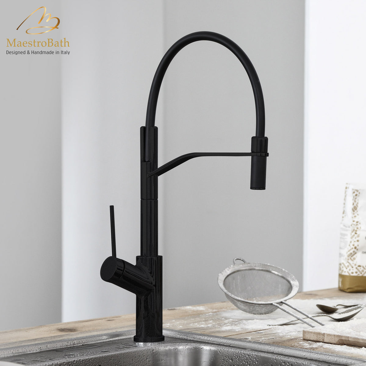 Deck mounted brass kitchen faucet, shown in black, made of lead-free brass #color_black