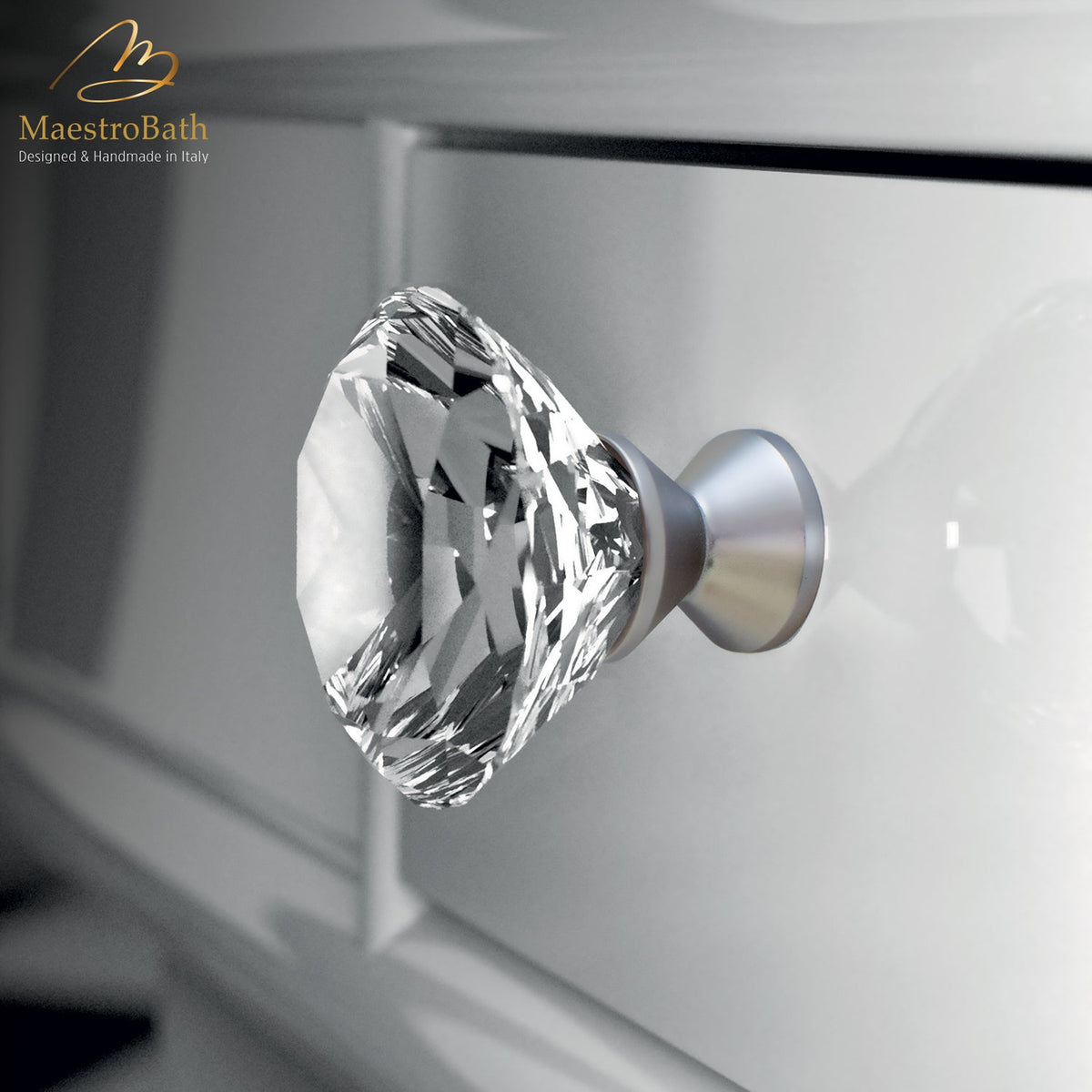 Brass and crystal cabinet and drawer knob, shown in clear and matte nickel, 1.1 inch by 1.1 inch by 1 inch