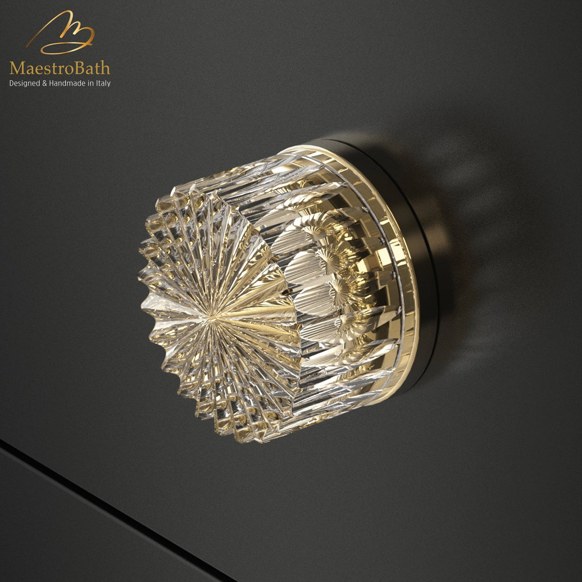 Brass and crystal cabinet and drawer knob, shown in clear and polished brass, 1.6 inch by 1.6 inch by 1.1 inch