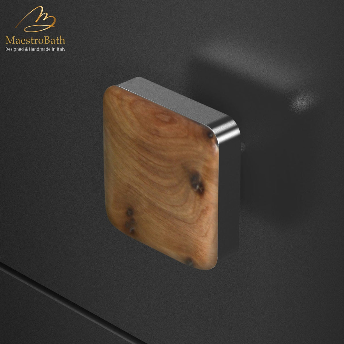Radica homewood and brass cabinet and drawer knob, shown in thuja radica and chrome, 1.1 inch by 1.1 inch by 0.8 inch