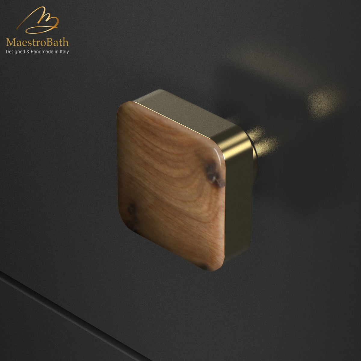 Radica homewood and brass cabinet and drawer knob, shown in thuja radica and gold, 1.1 inch by 1.1 inch by 0.8 inch