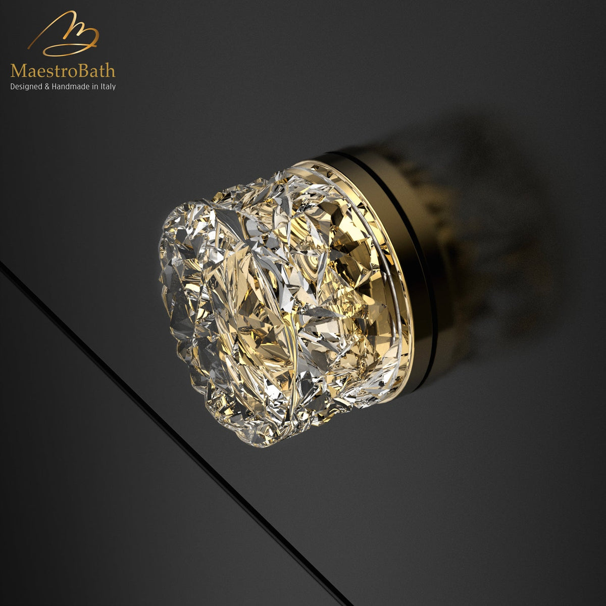 Miraggio Crystal Knob, shown in clear and polished brass, 1.6 inch by 1.6 inch by 1.1 inch
