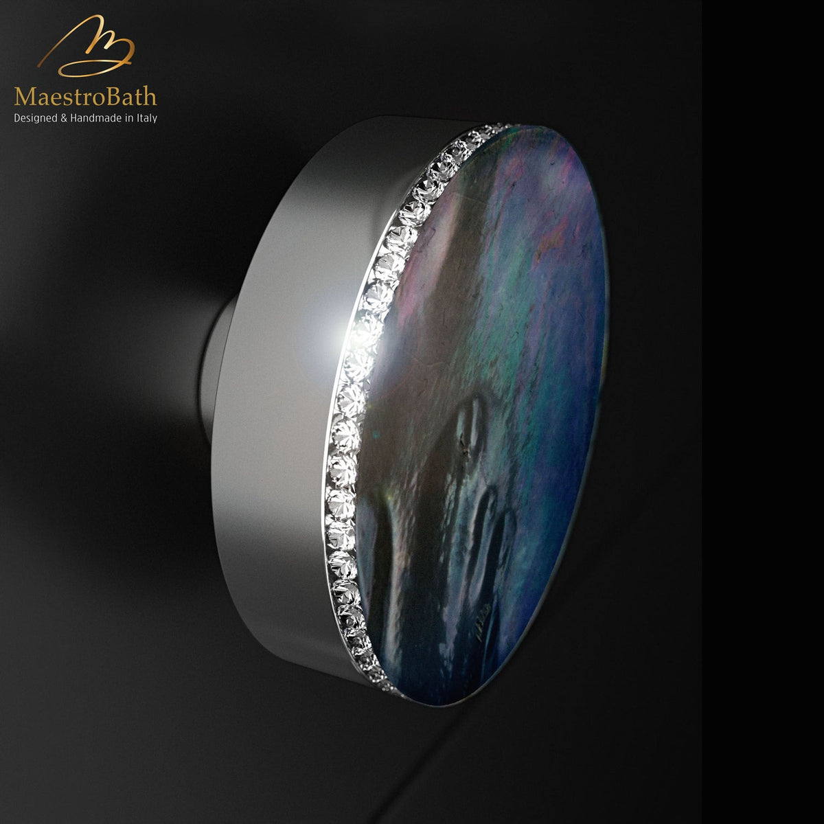 Pearl Swarovski Knob, shown in madreperla smoke & Swarovski and chrome, 1.1 inch by 1.1 inch by 0.7 inch