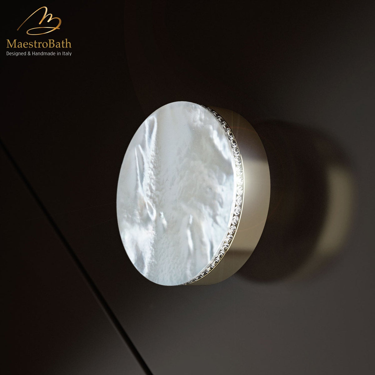 Mother of pearl and swarovsky crystal with brass base cabinet and drawer knob, shown in madreperla smoke & Swarovski and gold