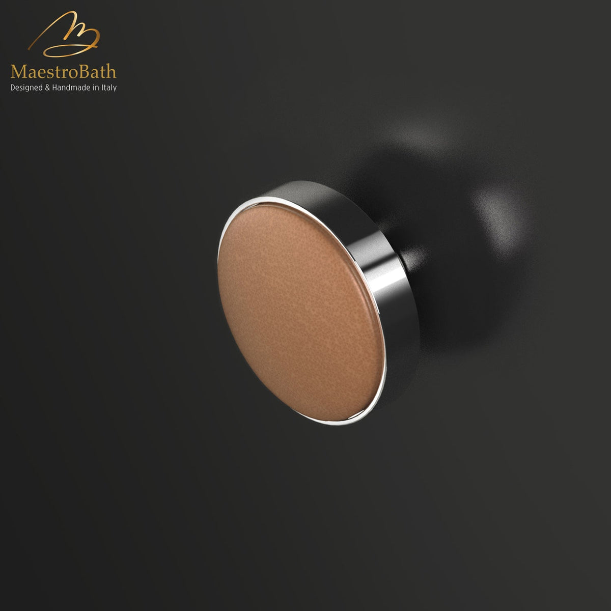 Brass and leather cabinet and drawer knob, shown in camel and chrome, 1.1 inch by 1.1 inch by 0.8 inch