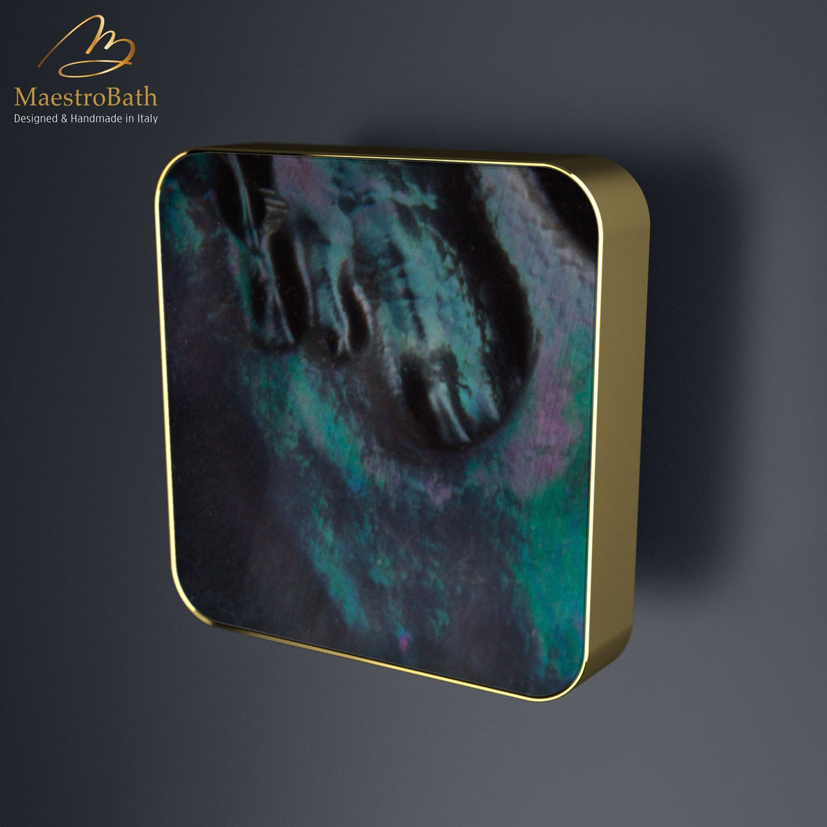 Mother of pearl and brass cabinet and drawer knob, shown in madreperla and gold, 1.1 inch by 1.1 inch by 0.7 inch