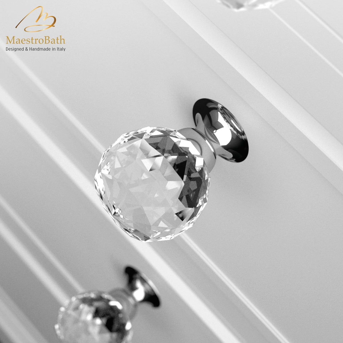Brass and crystal cabinet and drawer knob, shown in clear and chrome, 0.9 inch by 0.9 inch by 1.5 inch