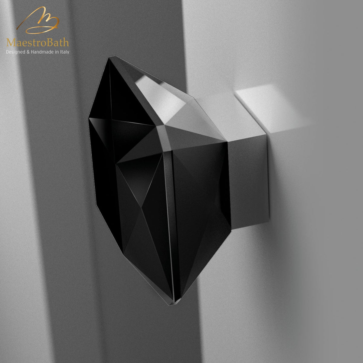 Brass and crystal cabinet and drawer knob, shown in black and chrome, 1.9 inch by 1.9 inch by 1.3 inch