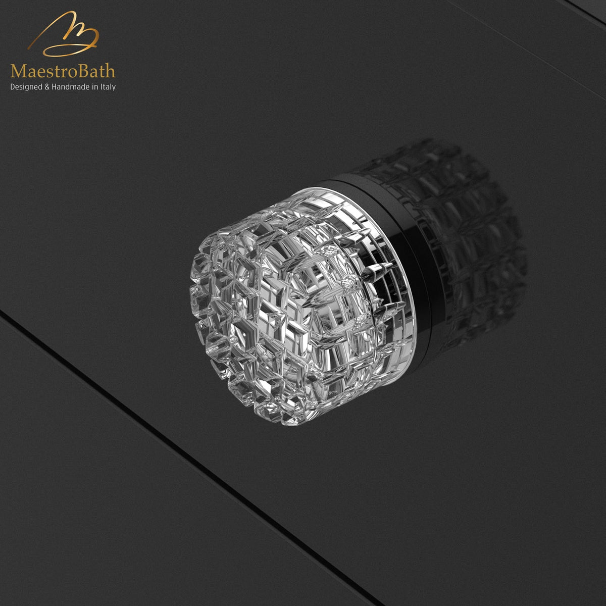 Quadra Crystal Knob, shown in clear and chrome, 1.6 inch by 1.6 inch by 1.1 inch