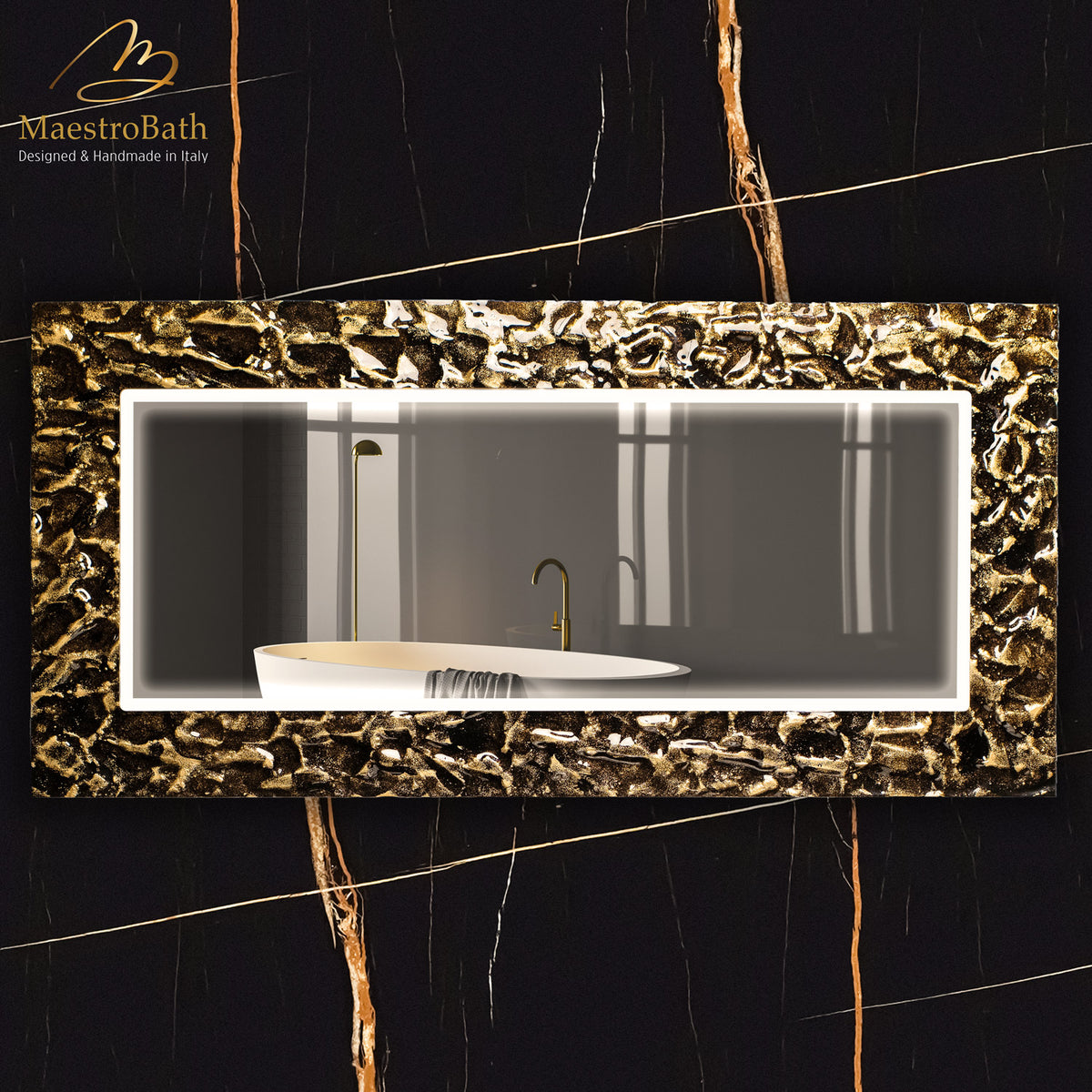 Wall mounted Murano glass bathroom vanity mirror, shown in black and gold, with LED lighting #color_black and gold
