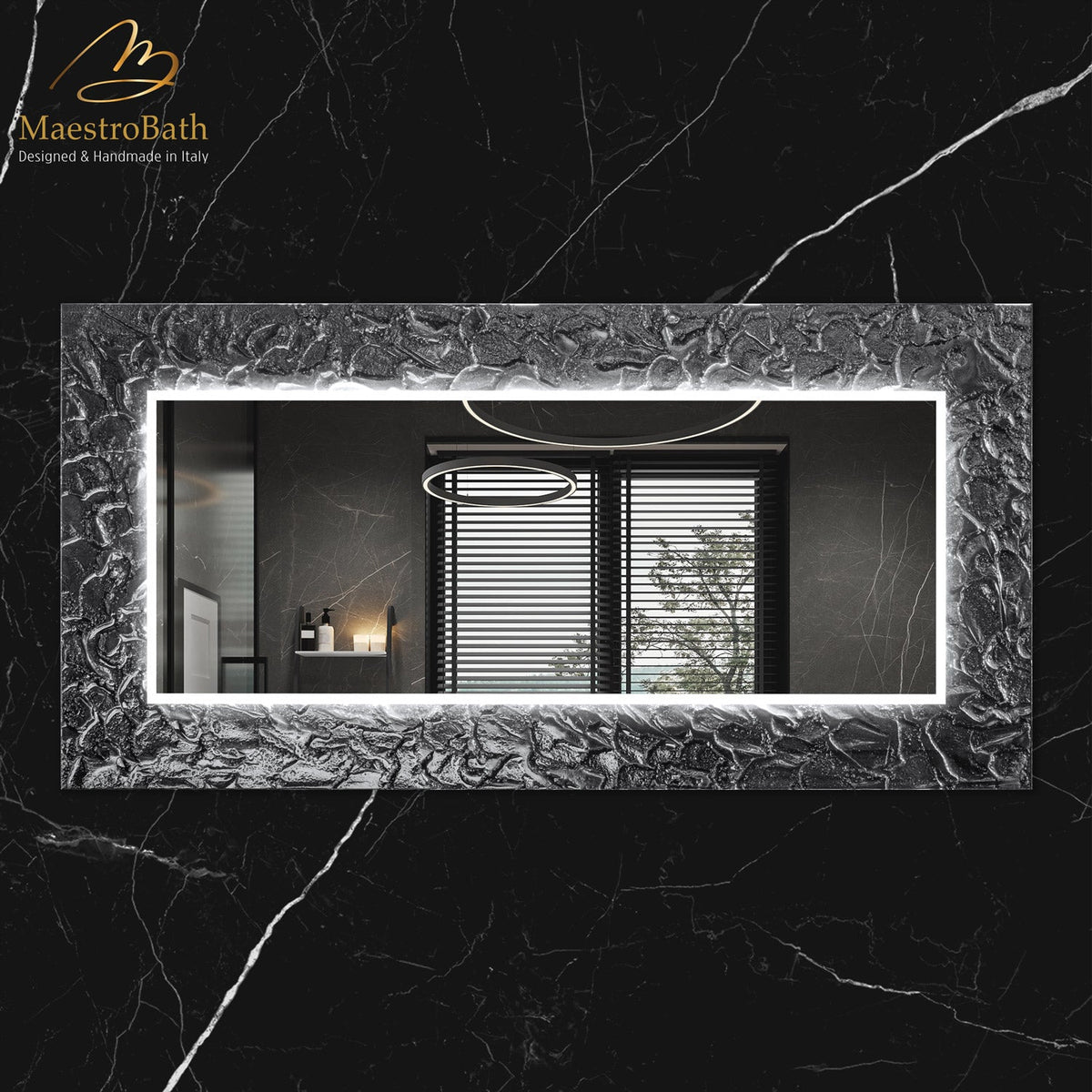 Wall mounted Murano glass bathroom vanity mirror, shown in white mirror, with LED lighting, 62.9 inch wide by 31.4 inch high