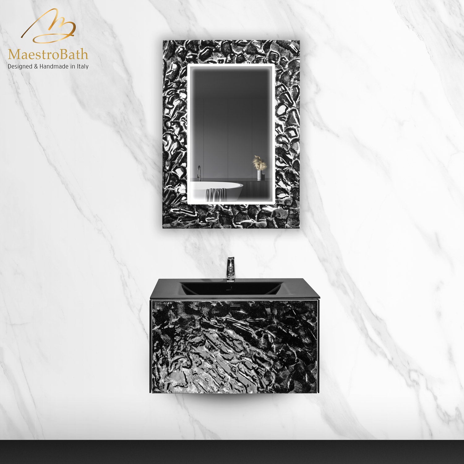 Luxury Murano Crystal Wallmount Bathroom Vanity #color_black and silver