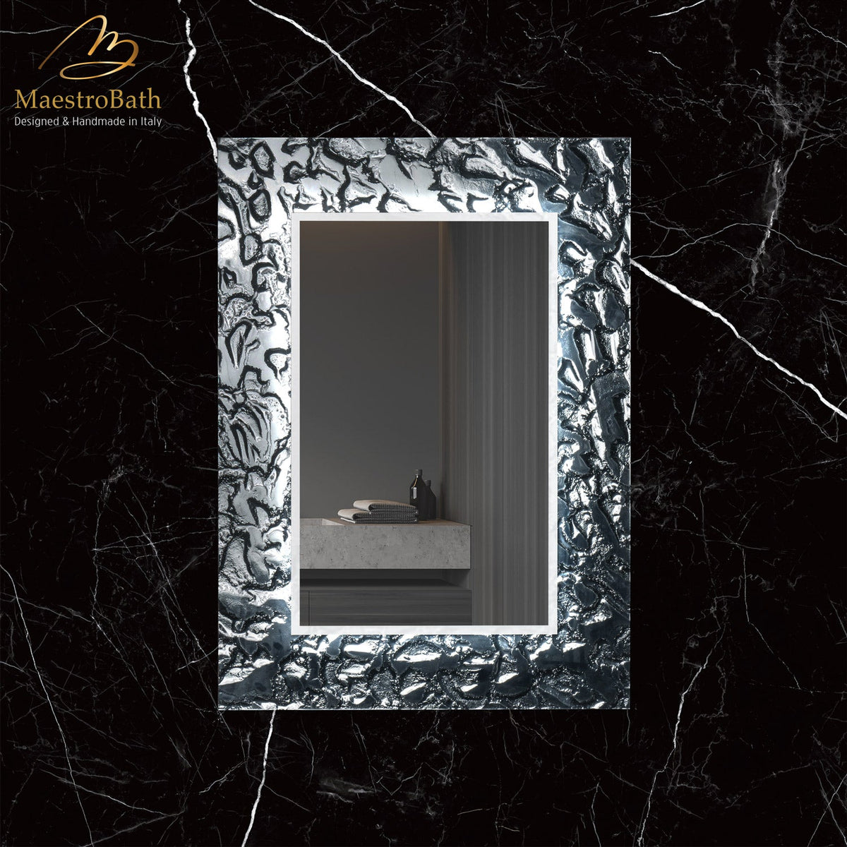 Wall mounted Murano glass bathroom vanity mirror, shown in gray-smoke silver, 27.6 inch wide by 38.6 inch high