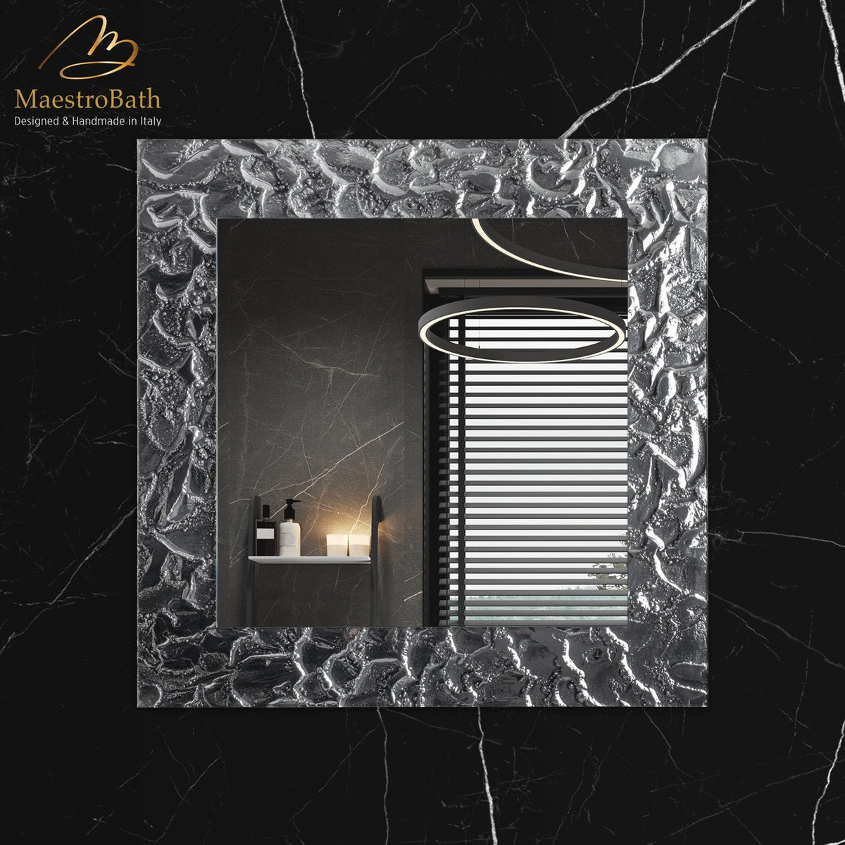 Wall mounted Murano glass bathroom vanity mirror, shown in white and silver, 35.4 inch wide by 35.4 inch high