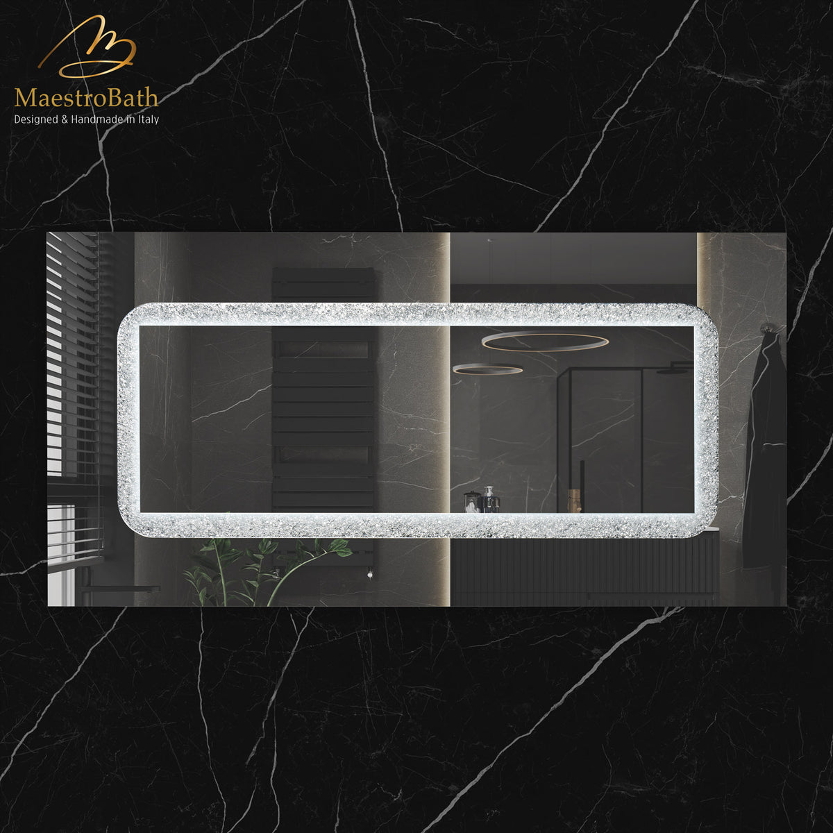 Wall mounted Murano glass bathroom vanity mirror, 62.9 inch wide by 31.4 inch high #color_ice