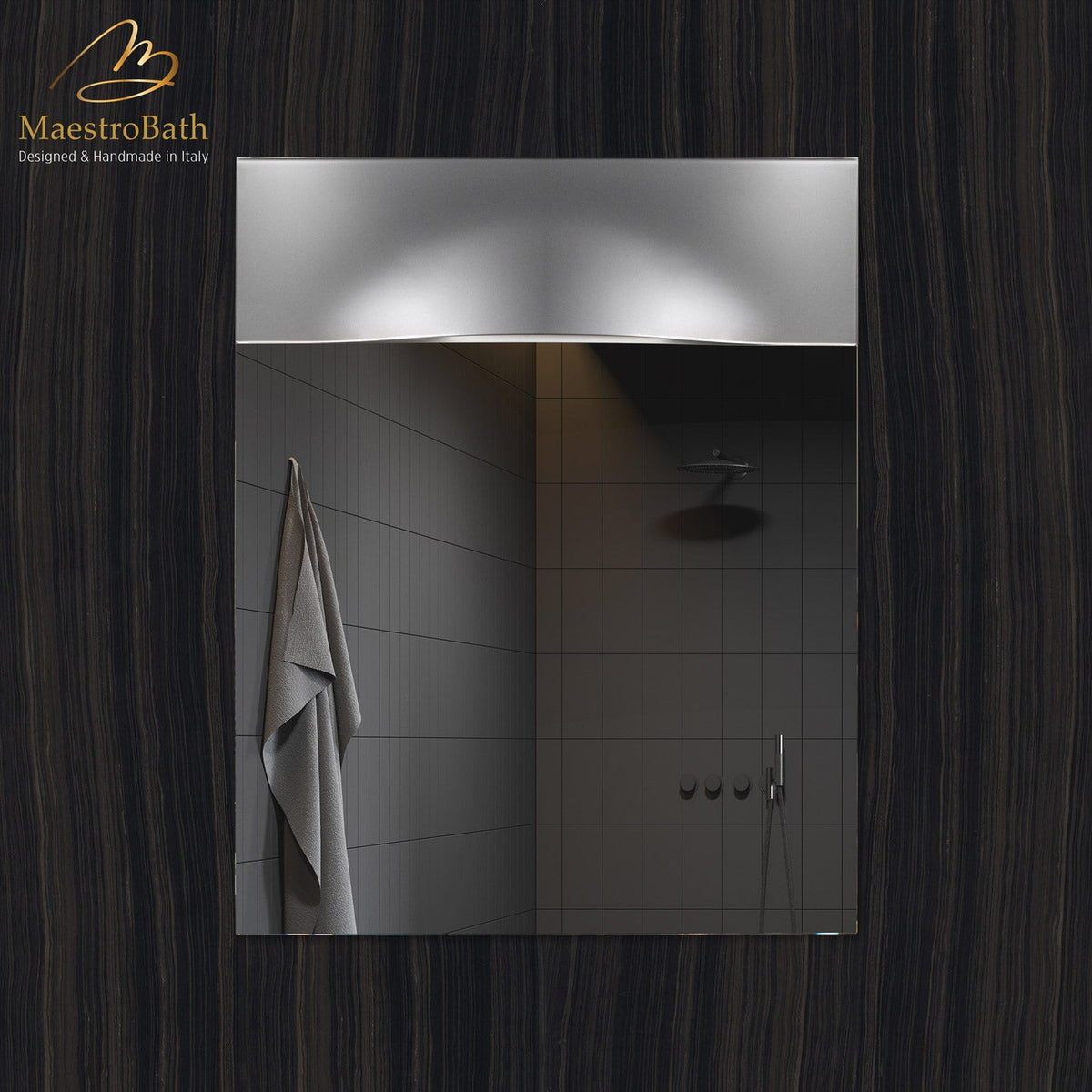 Wall mounted glass bathroom vanity mirror, shown in silver, 31.5 inch wide by 38.5 inch high