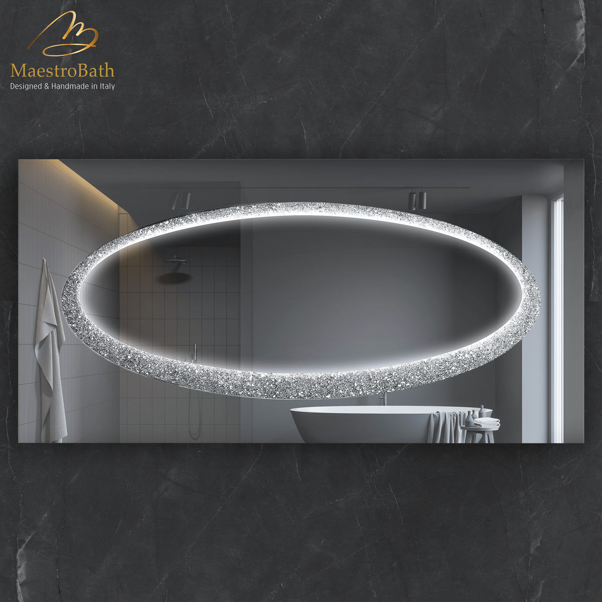 Wall mounted Murano glass bathroom vanity mirror, shown in ice, 63 inch wide by 31.5 inch high #color_ice