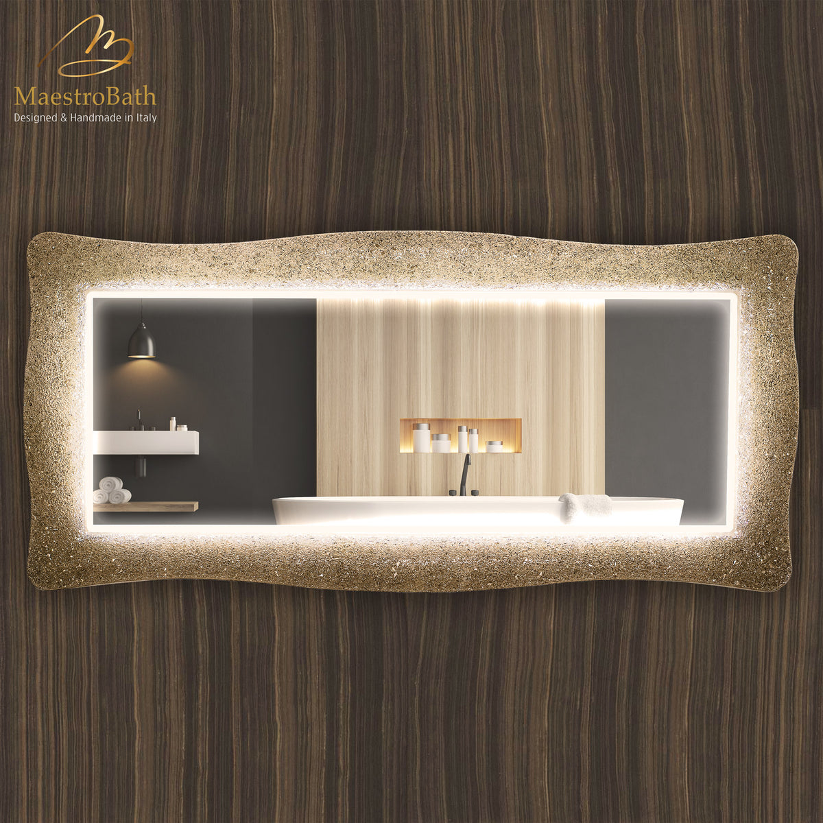 Wall mounted Murano glass bathroom vanity mirror, shown in sand, with LED lighting, 66.1 inch wide by 28.7 inch high #color_bronze