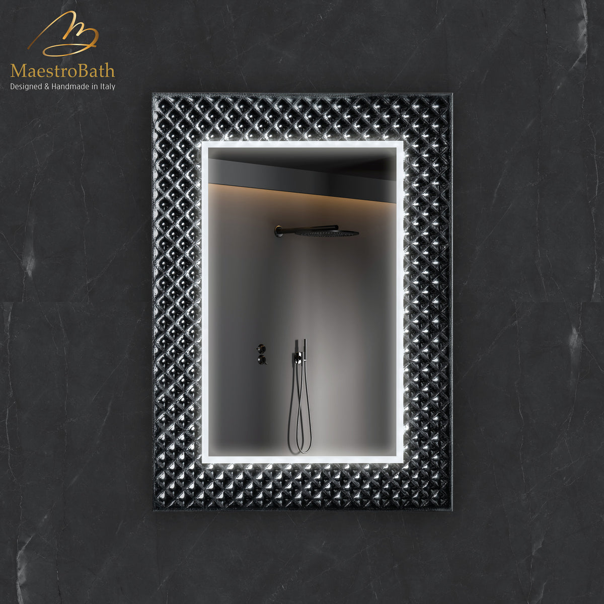 Wall mounted Murano glass bathroom vanity mirror, shown in gray and silver, 26.5 inch wide by 37 inch high
