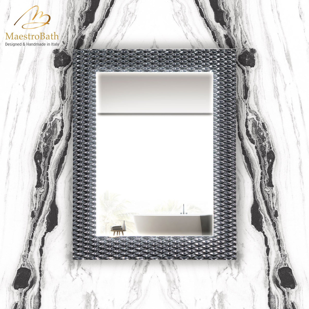 Wall mounted Murano glass bathroom vanity mirror, shown in gray and silver, 27.5 inch wide by 35.5 inch high