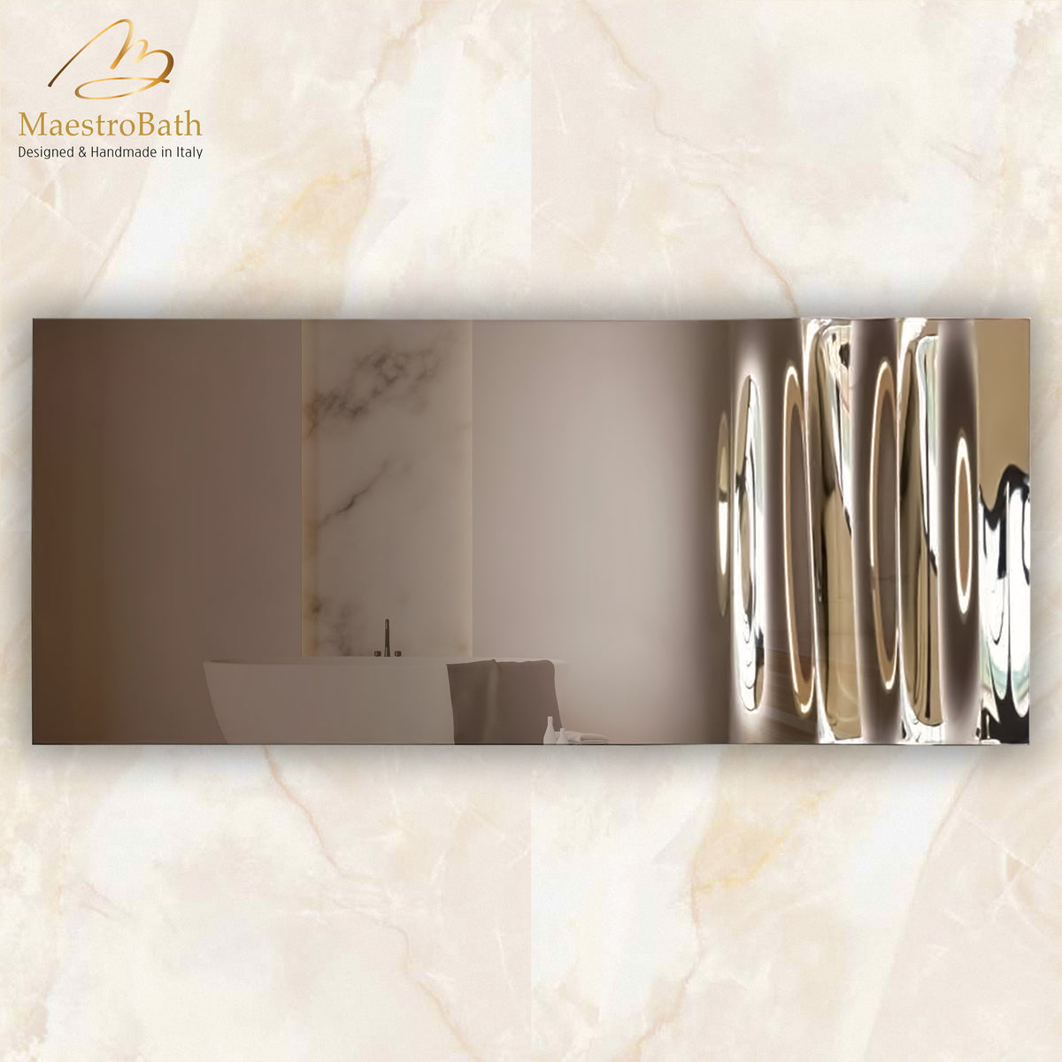 Wall mounted Murano glass bathroom vanity mirror, shown in silver and bronze, 66.5 inch wide by 28.5 inch high #color_bronze