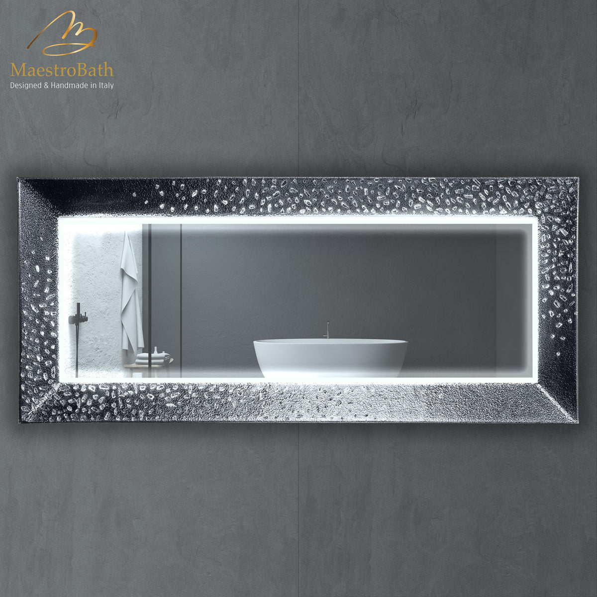 Wall mounted Murano crystal bathroom vanity mirror, shown in silver, 66.1 inch wide by 28.7 inch high #color_silver