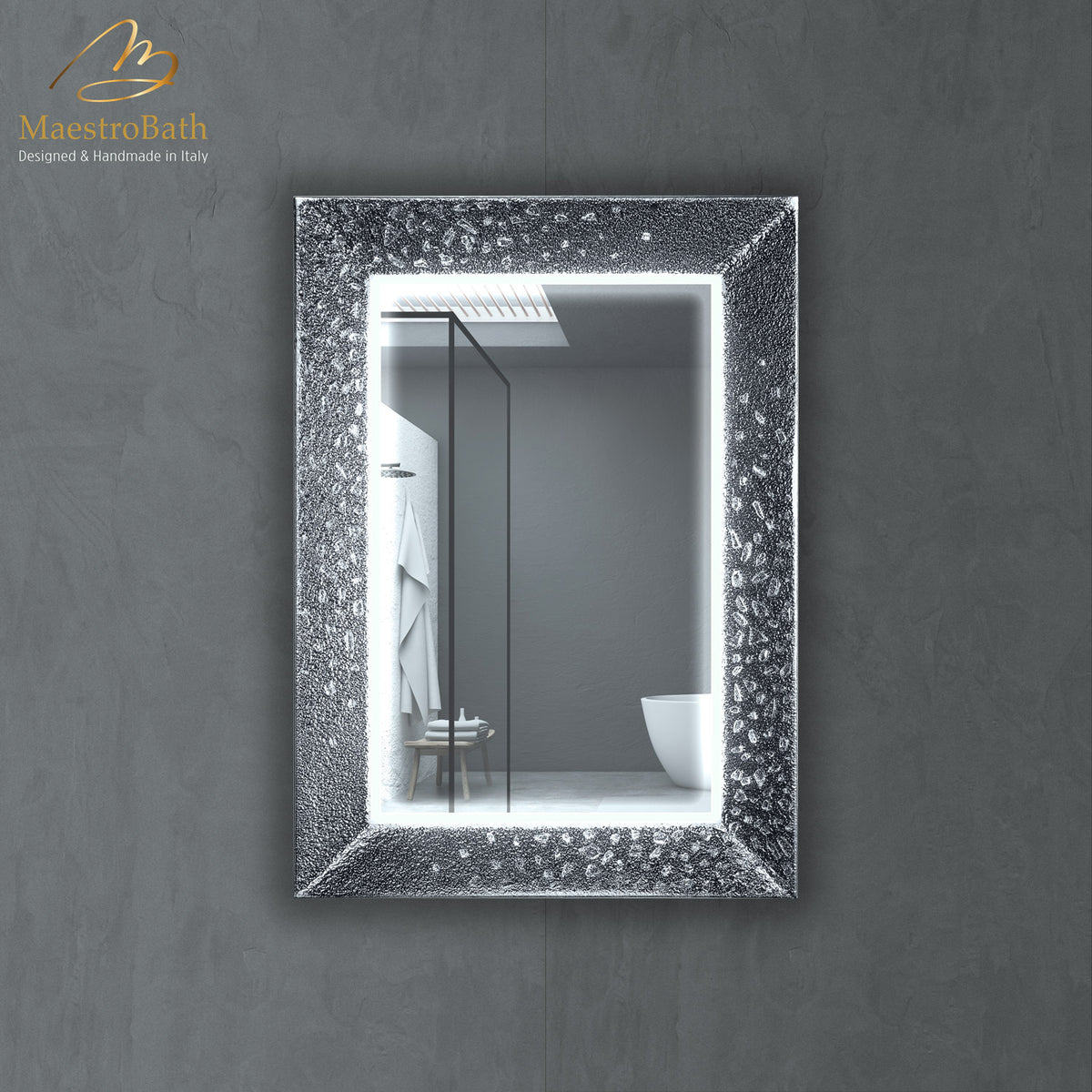 Wall mounted Murano crystal bathroom vanity mirror, shown in silver, 27.6 inch wide by 38.6 inch high #color_silver